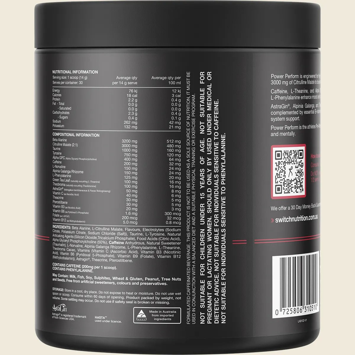 Nutrition facts and ingredients label on black container of Power Perform Pre-Workout Blend Raspberry Lemonade - 30 Serves by Switch Nutrition