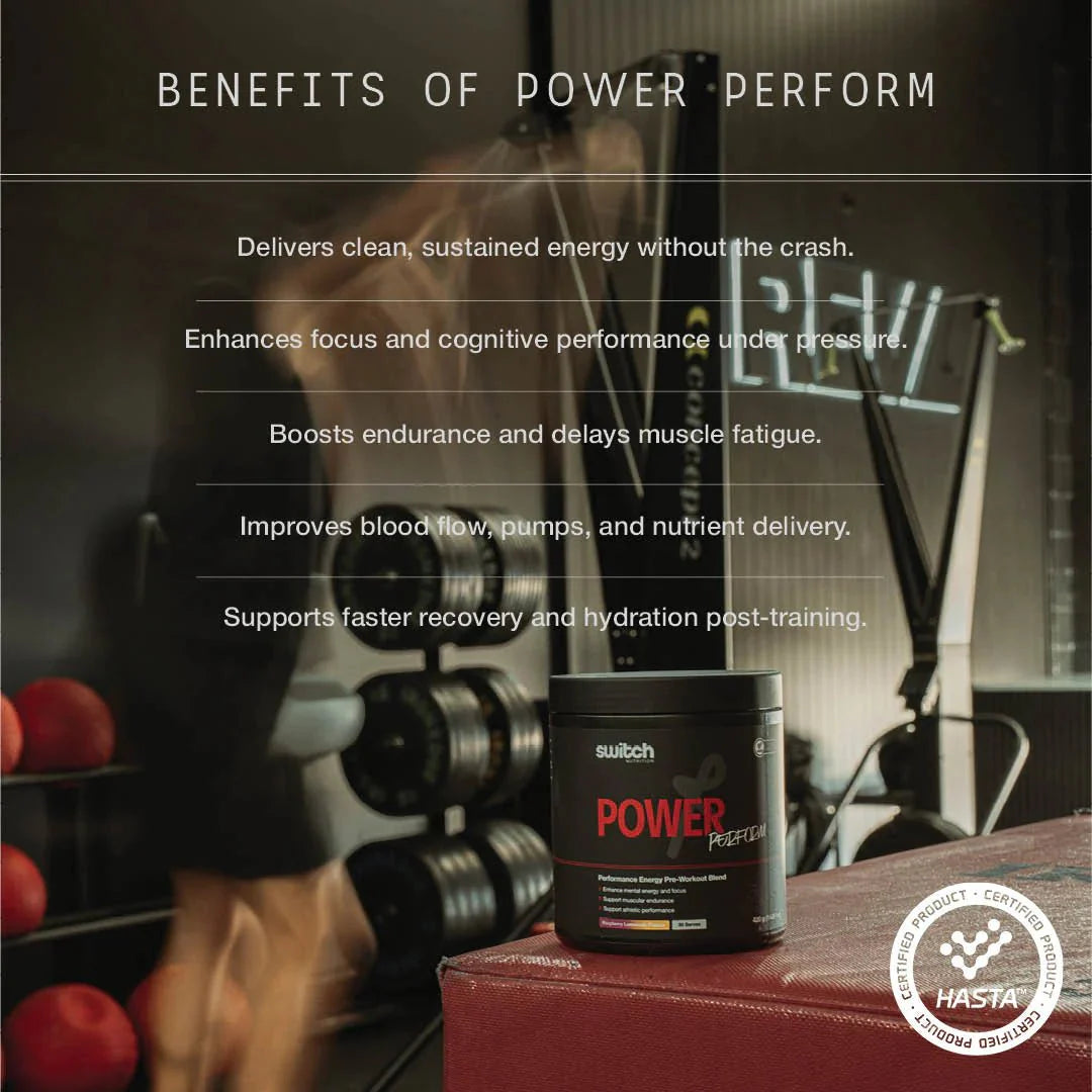 Power Perform Pre-Workout Blend - Strawberry Kiwi - 30 Serves by Switch Nutrition in gym setting highlighting product benefits.