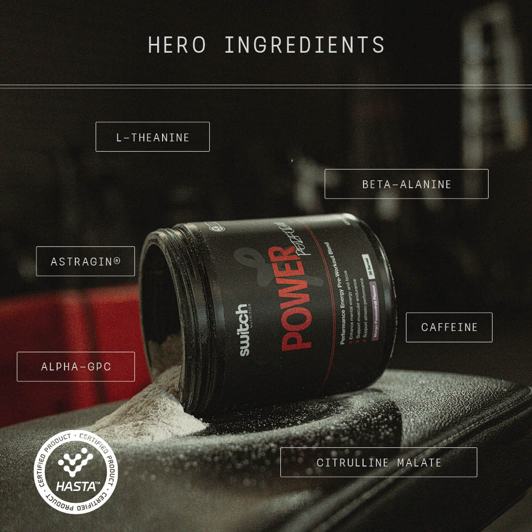 Power Perform Pre-Workout Blend - Strawberry Kiwi - 30 Serves tub with hero ingredients called out in dark setting by Switch Nutrition.