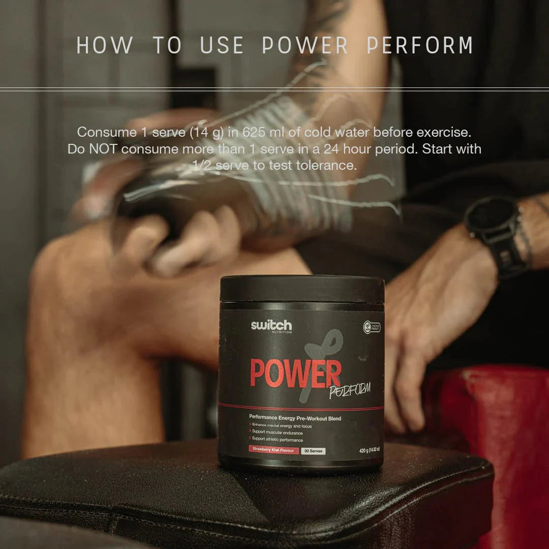 Container of Power Perform Pre-Workout Blend - Strawberry Kiwi - 30 Serves by Switch Nutrition on gym bench with athlete in background