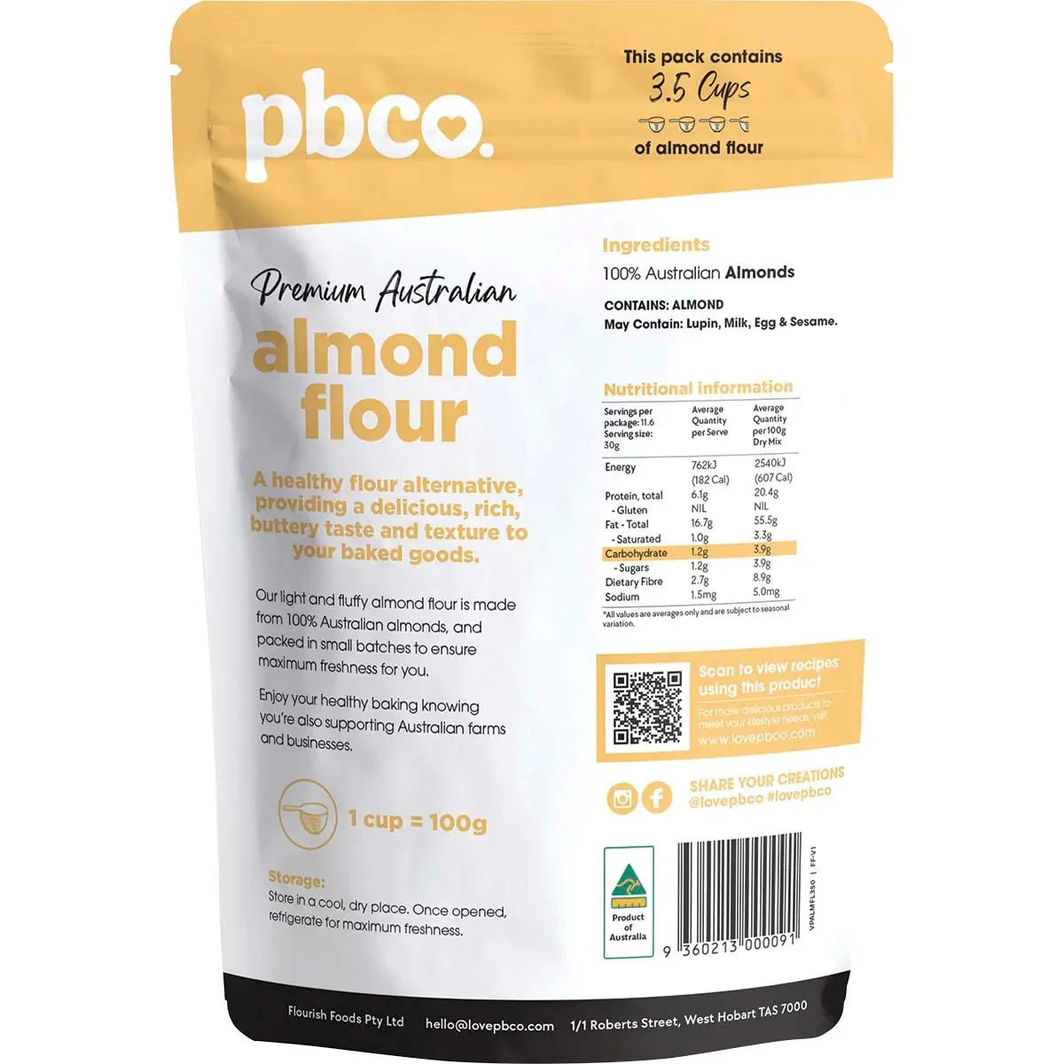 Premium Australian Almond Flour - 350g - Best Before 22 Aug 2026 packaging by PBCo. with nutrition and ingredient details visible