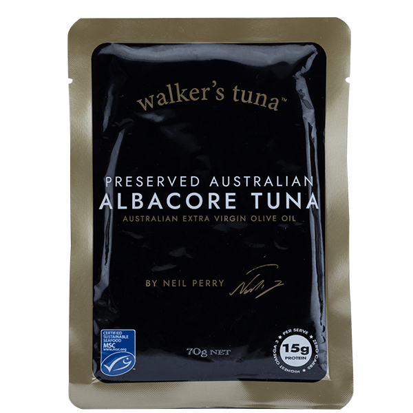 Preserved Australian Albacore Tuna - 70g pouch from Walker's Tuna, premium seafood in extra virgin olive oil, low carb, pantry item.
