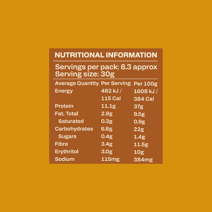 Nutritional information of Protein Cereal - Caramel Flavour - 250g by Low Carb Emporium showing energy, protein, fat, carbs, sugars, fiber, erythritol, and sodium.