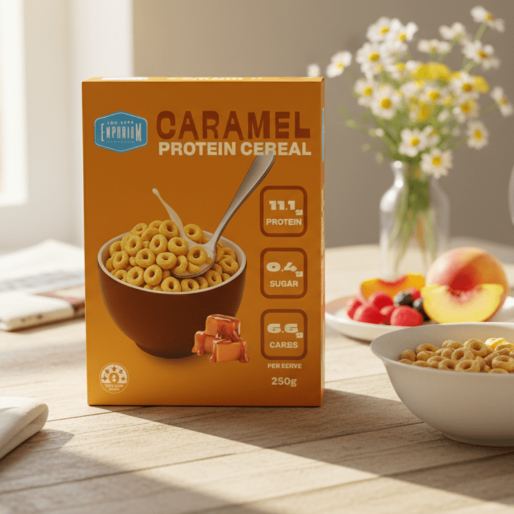 Protein Cereal - Caramel Flavour - 250g by Low Carb Emporium with a bowl of cereal and fresh fruit in soft sunlight.
