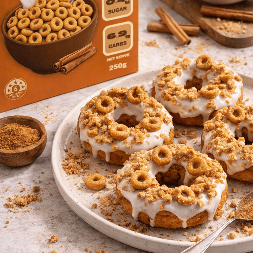 Protein Cereal - Cinnamon Flavour - 250g from Low Carb Emporium featured atop cinnamon-glazed baked donuts on a white plate.