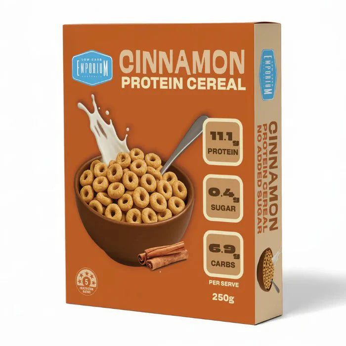 Protein Cereal - Cinnamon Flavour - 250g by Low Carb Emporium in orange box showing nutritional highlights and cinnamon sticks.