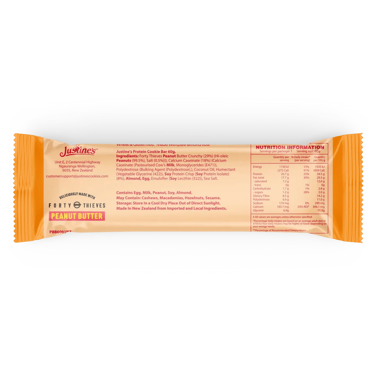 Back view of Protein Cookie Bar - Forty Thieves Peanut Butter - 60g by Justine’s showing ingredients and nutrition facts.