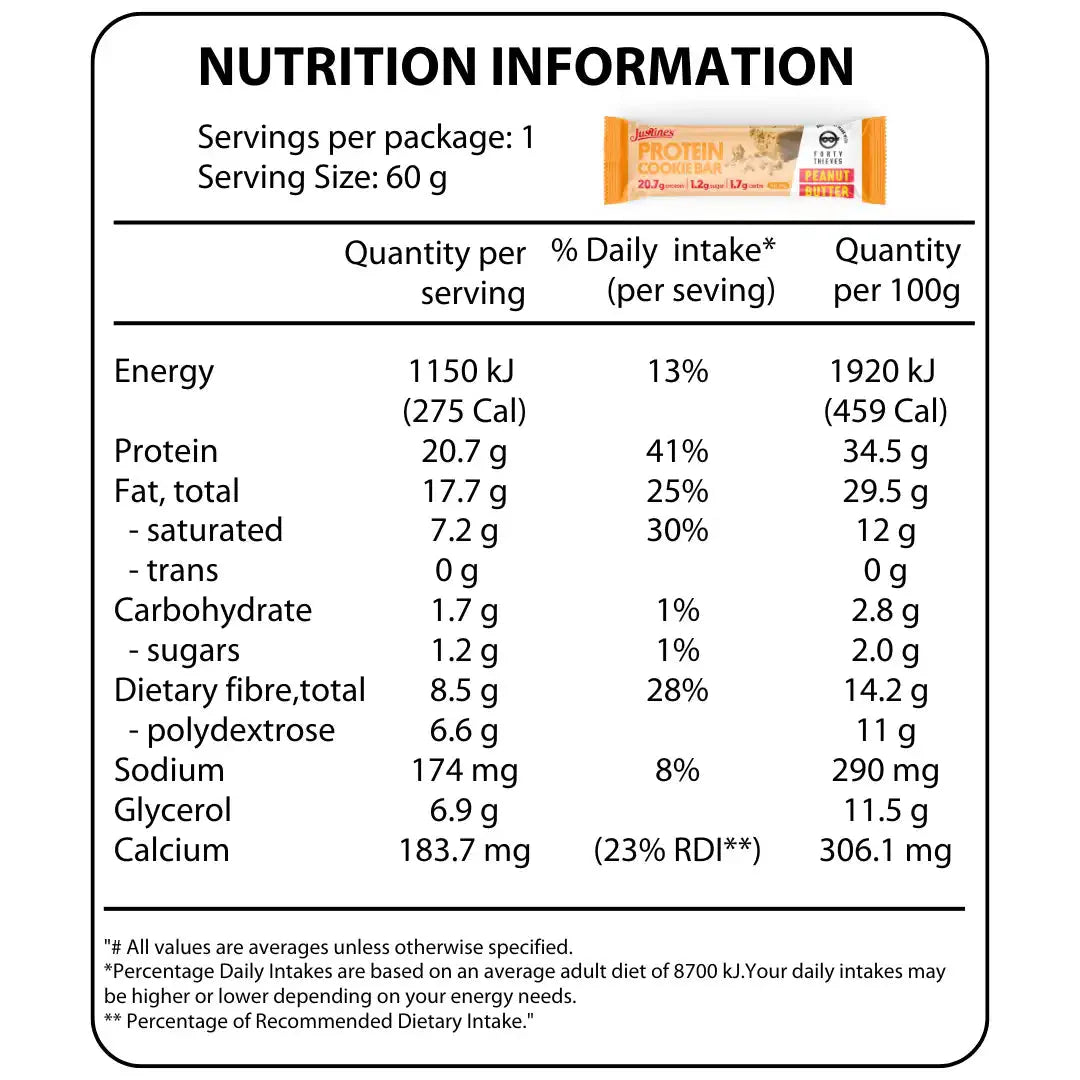 Nutrition facts panel for Protein Cookie Bar - Forty Thieves Peanut Butter - 60g by Justine's with detailed macro and mineral content.