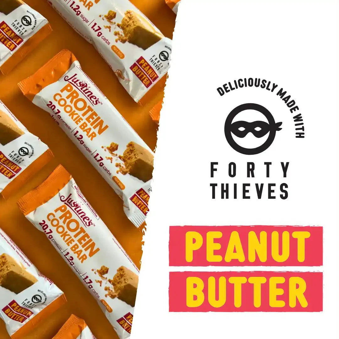 Protein Cookie Bar - Forty Thieves Peanut Butter - 60g by Justine's in packaging, part of Snacks and Low Carb collections.