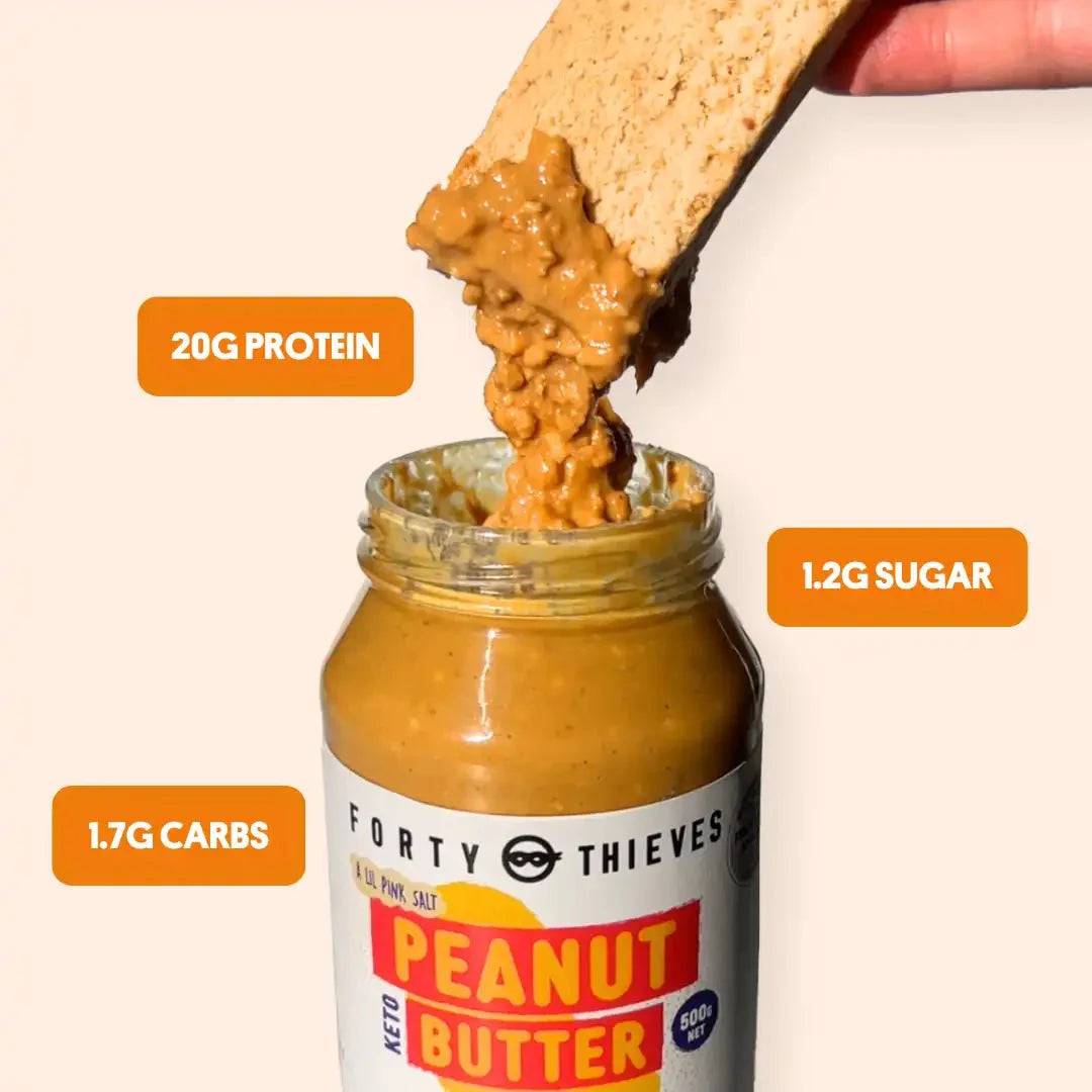 Protein Cookie Bar - Forty Thieves Peanut Butter - 60g paired with a jar of Forty Thieves peanut butter by Justine's.