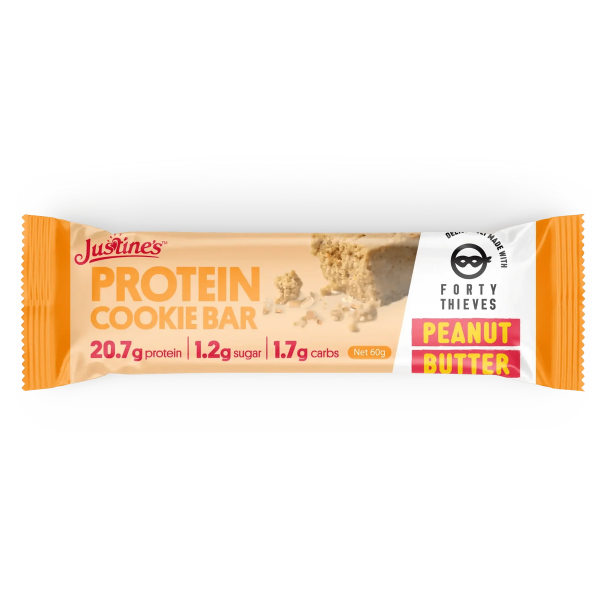 Protein Cookie Bar - Forty Thieves Peanut Butter - 60g by Justine's in orange packaging from Snacks and Low Carb collections.