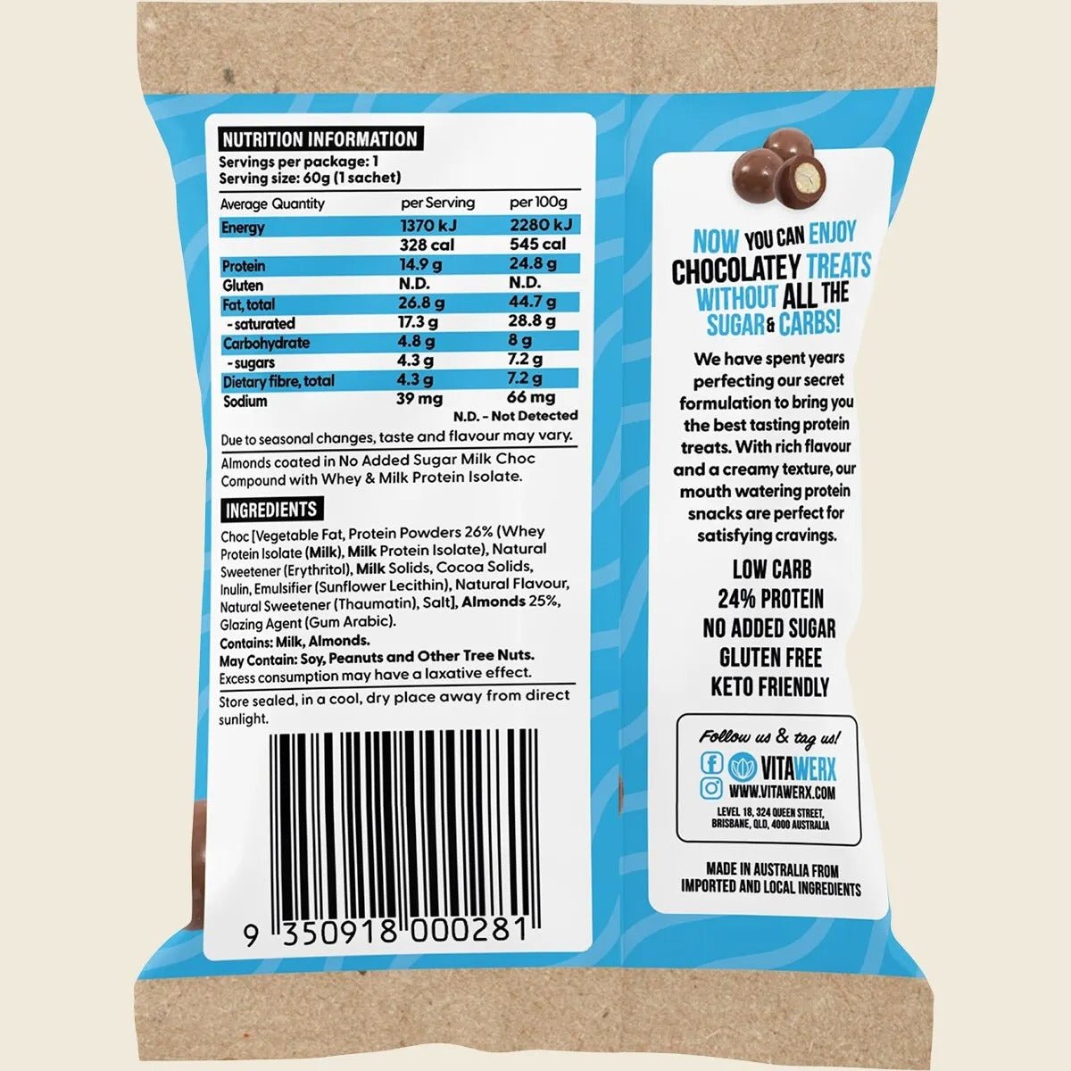Back of Milk Choc Coated Nut Pack by Vitawerx showing nutrition facts, ingredients, and product benefits on blue packaging.