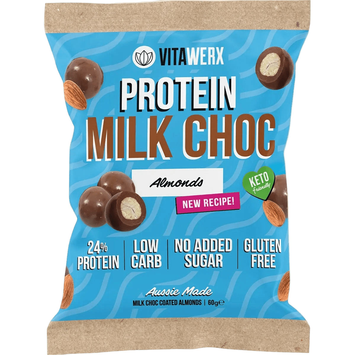 Protein Milk Choc Coated Almonds - 60g by Vitawerx in blue packaging, keto friendly, low carb, with no added sugar.
