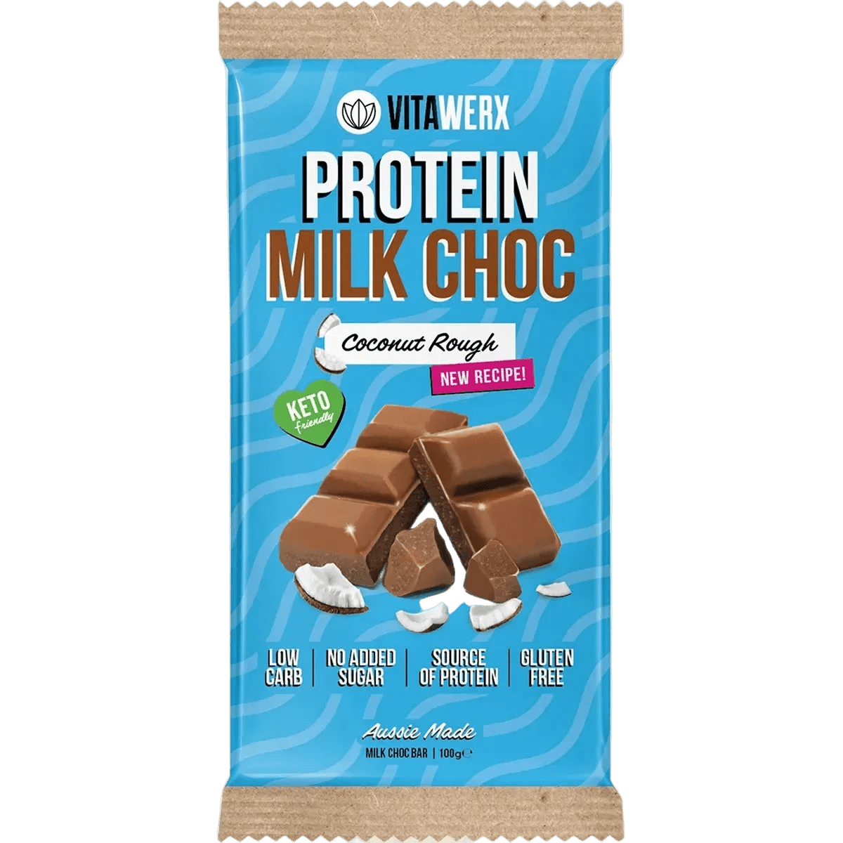 Protein Milk Choc Coconut Rough Bar - 100g - NEW recipe by Vitawerx, low carb, gluten free, no added sugar, keto-friendly snack.