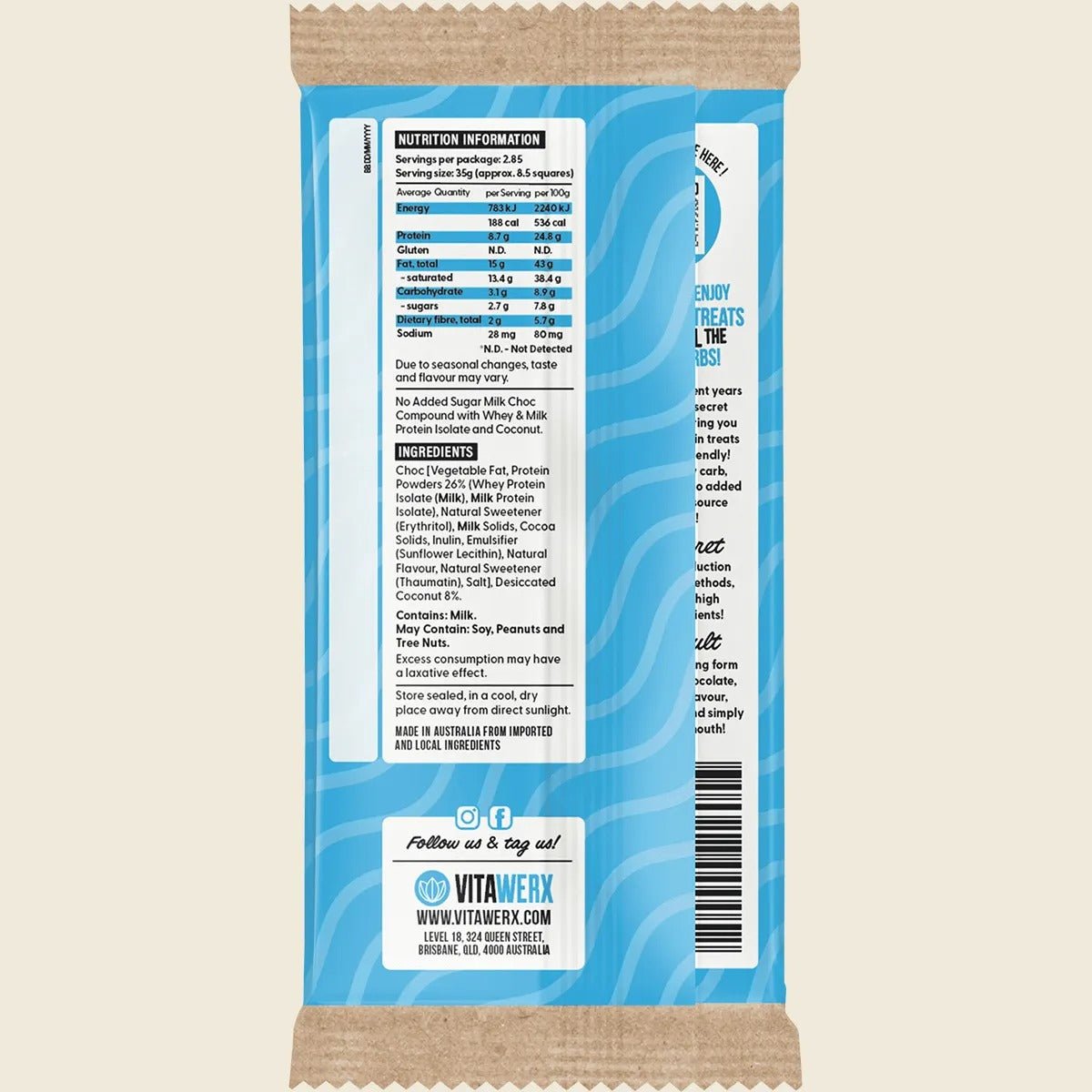 Back of Protein Milk Choc Coconut Rough Bar - 100g - NEW recipe packaging by Vitawerx with nutrition and ingredients.