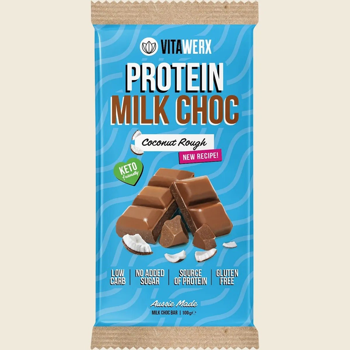 Protein Milk Choc Coconut Rough Bar - 100g - NEW recipe by Vitawerx, low carb, gluten free, no added sugar, keto friendly snack