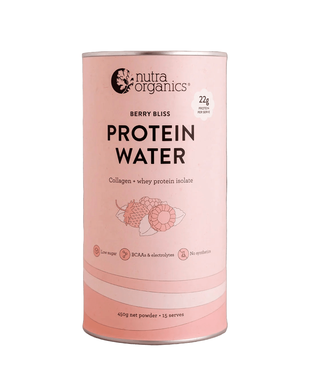 Nutra Organics Protein Water - Berry Bliss - 450g with collagen, whey protein, BCAAs, electrolytes, low sugar formula.
