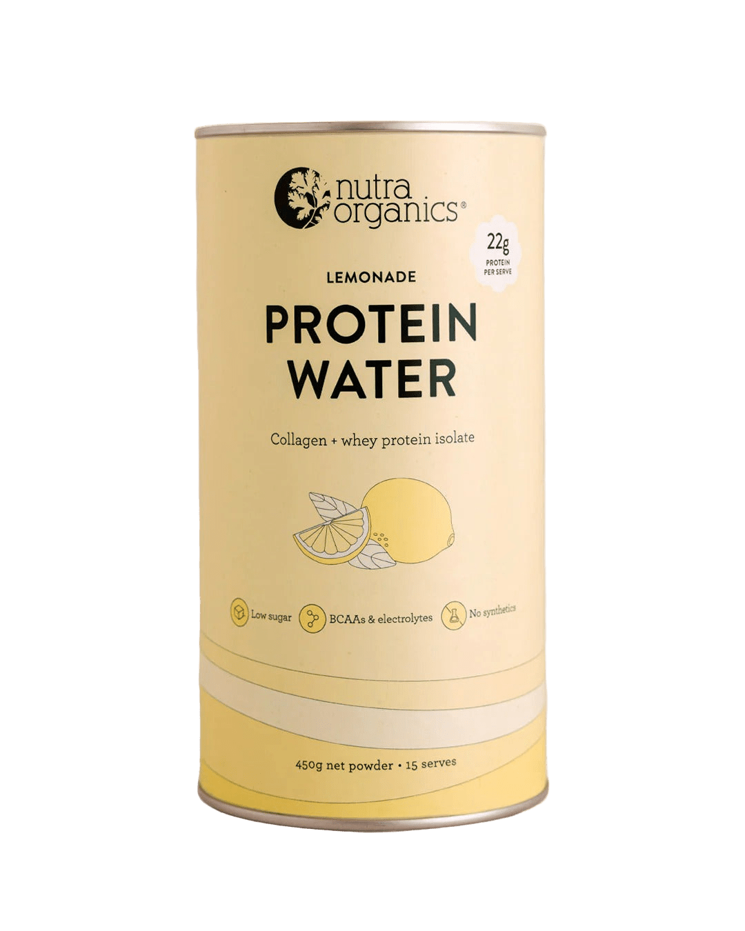 Nutra Organics Protein Water - Lemonade - 450g container with collagen and whey protein isolate in pastel yellow packaging
