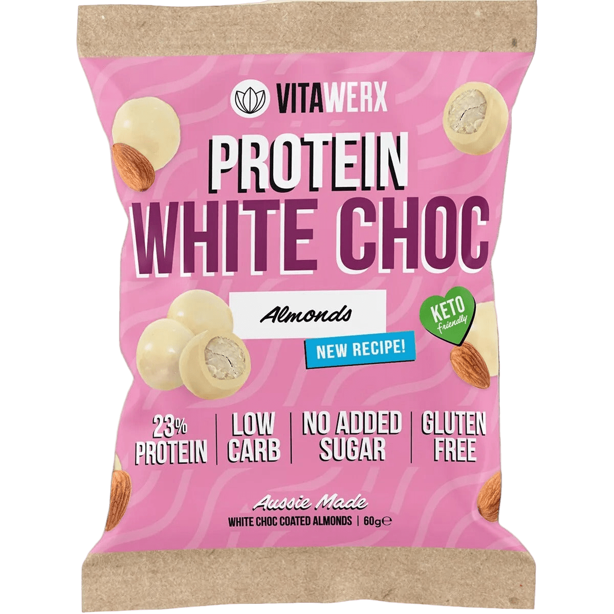 Protein White Choc Coated Almonds - 60g by Vitawerx, gluten-free, low carb, no added sugar, high protein snack.