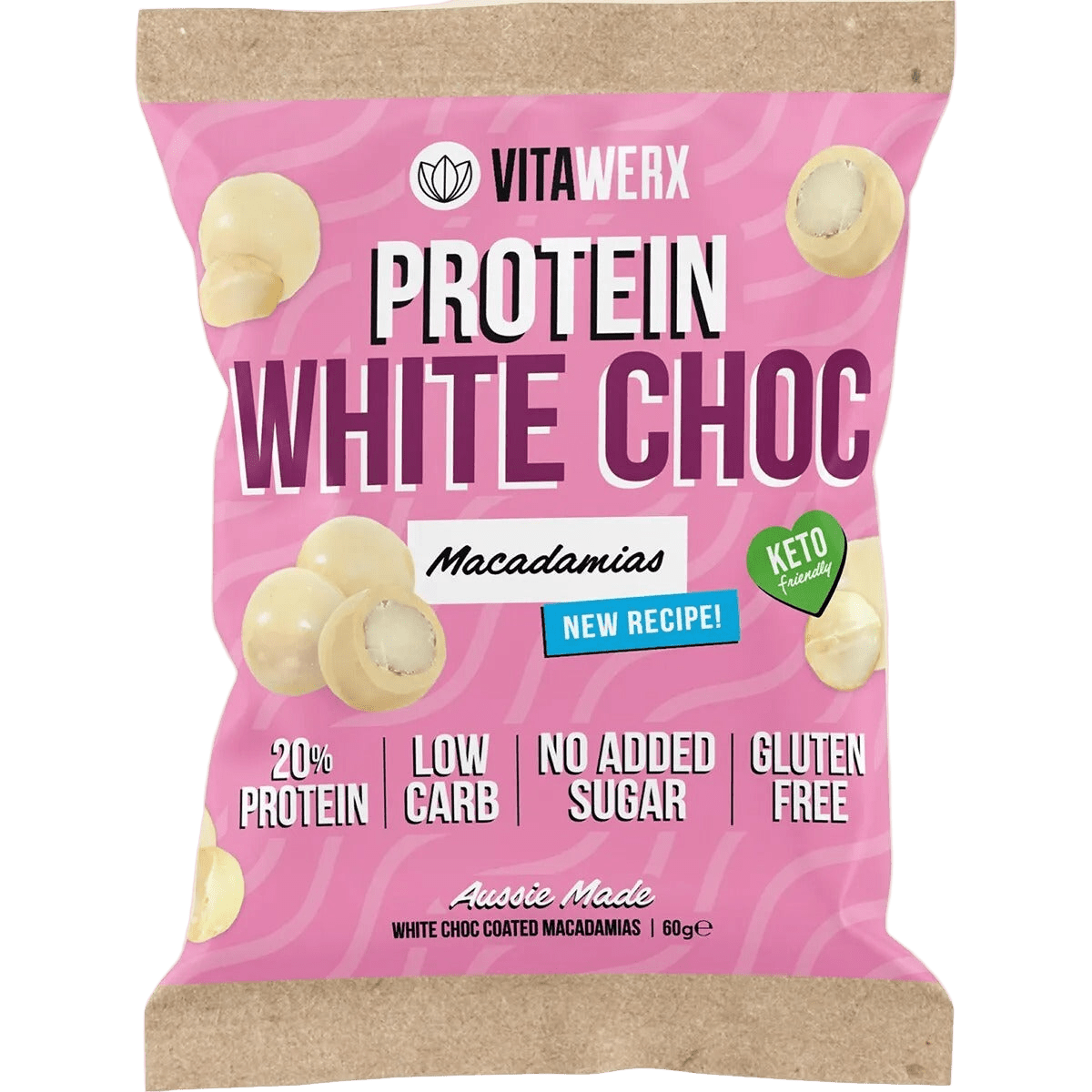 Protein White Choc Coated Macadamias- 60g by Vitawerx, low carb, gluten free, no added sugar, keto-friendly snack.