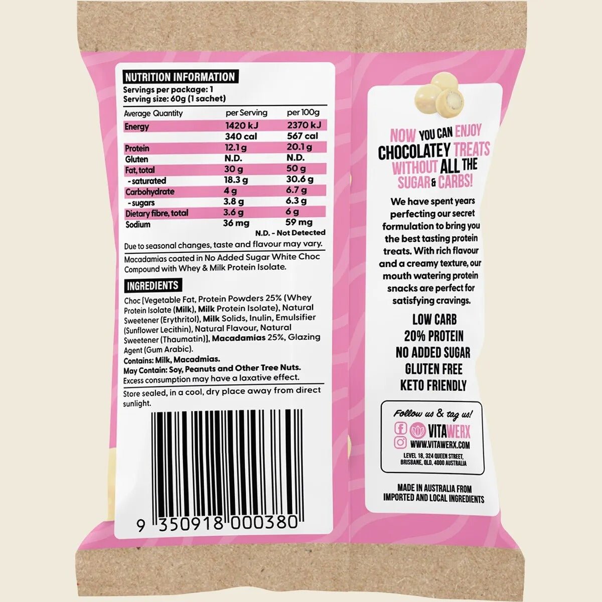 Choc Coated Nut Pack by Vitawerx showing nutrition facts, ingredients, and keto-friendly chocolate snack packaging.