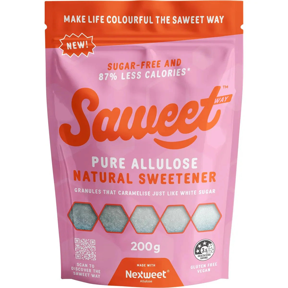 Pure Allulose Natural Sweetener Granules 200g by Saweet Way in pink resealable pouch with sugar-free and gluten-free claims