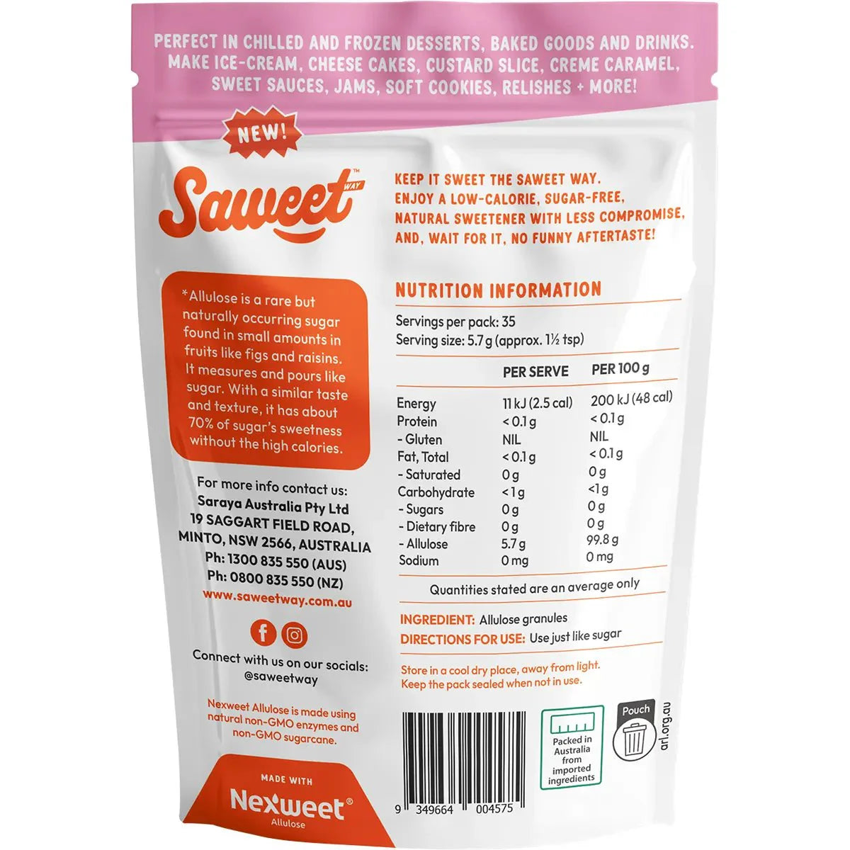 Back label of Pure Allulose Natural Sweetener Granules 200g by Saweet Way with nutrition facts and usage directions visible.