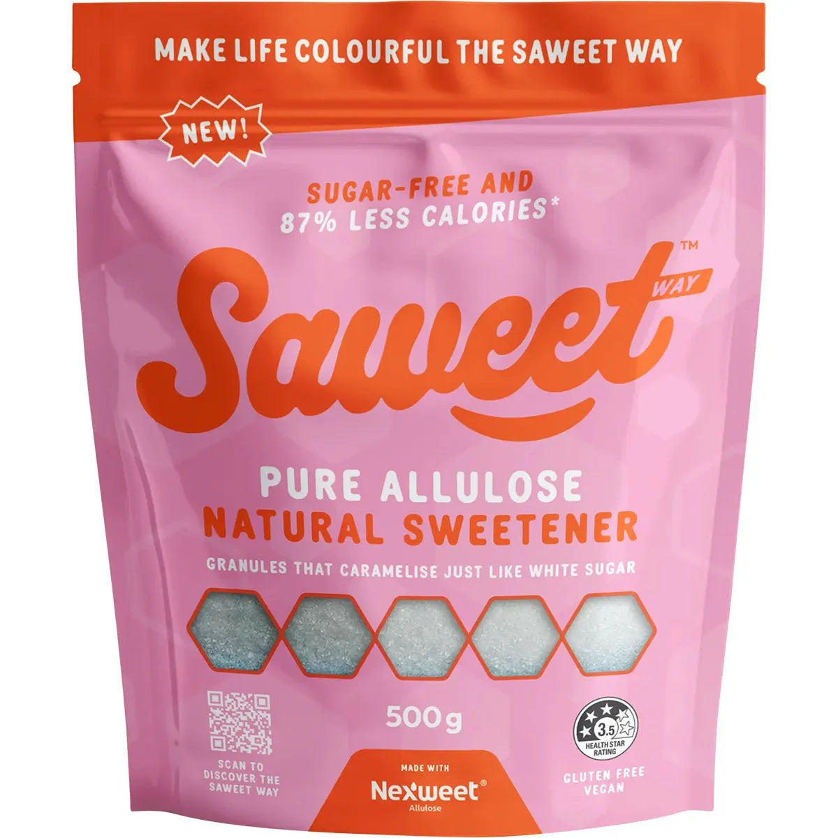 Pure Allulose Natural Sweetener Granules - 500g by Saweet Way in pink resealable pouch with product and nutrition details visible