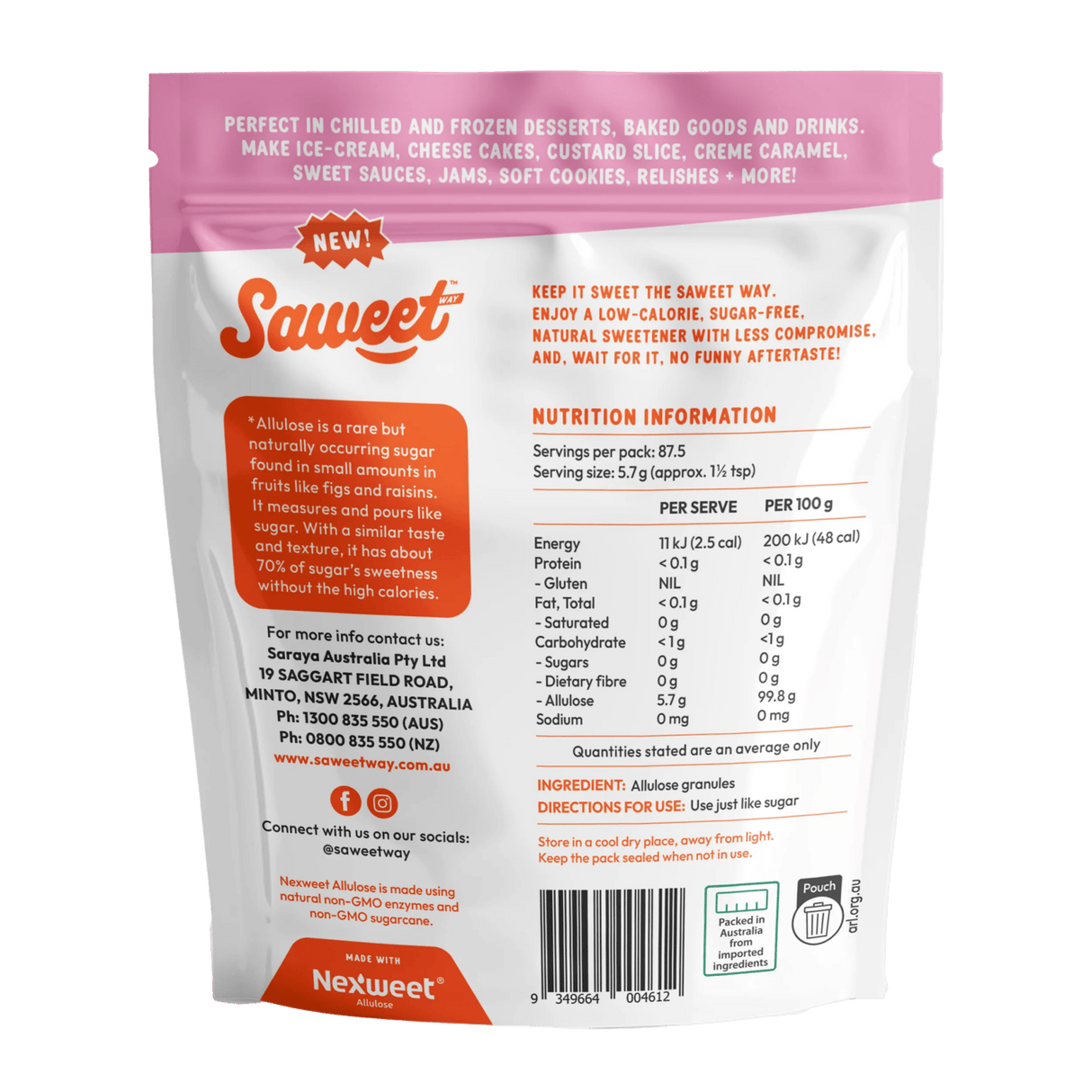 Pure Allulose Natural Sweetener Granules - 500g by Saweet Way in resealable pouch, ideal for low carb and dirty keto diets