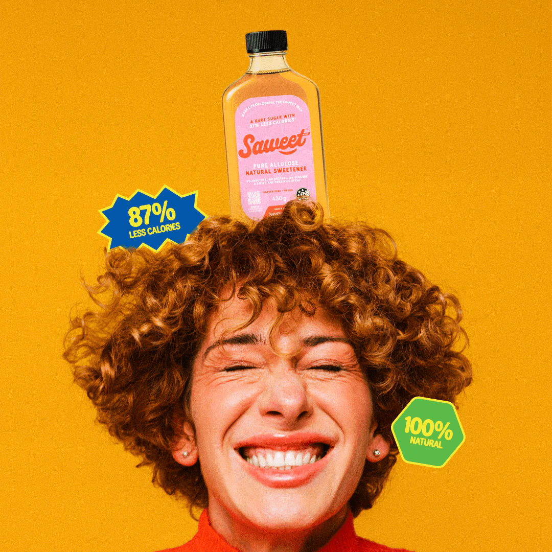 Pure Allulose Natural Sweetener Syrup - 430g by Saweet Way with 87% fewer calories and 100% natural, vibrant promotional image.