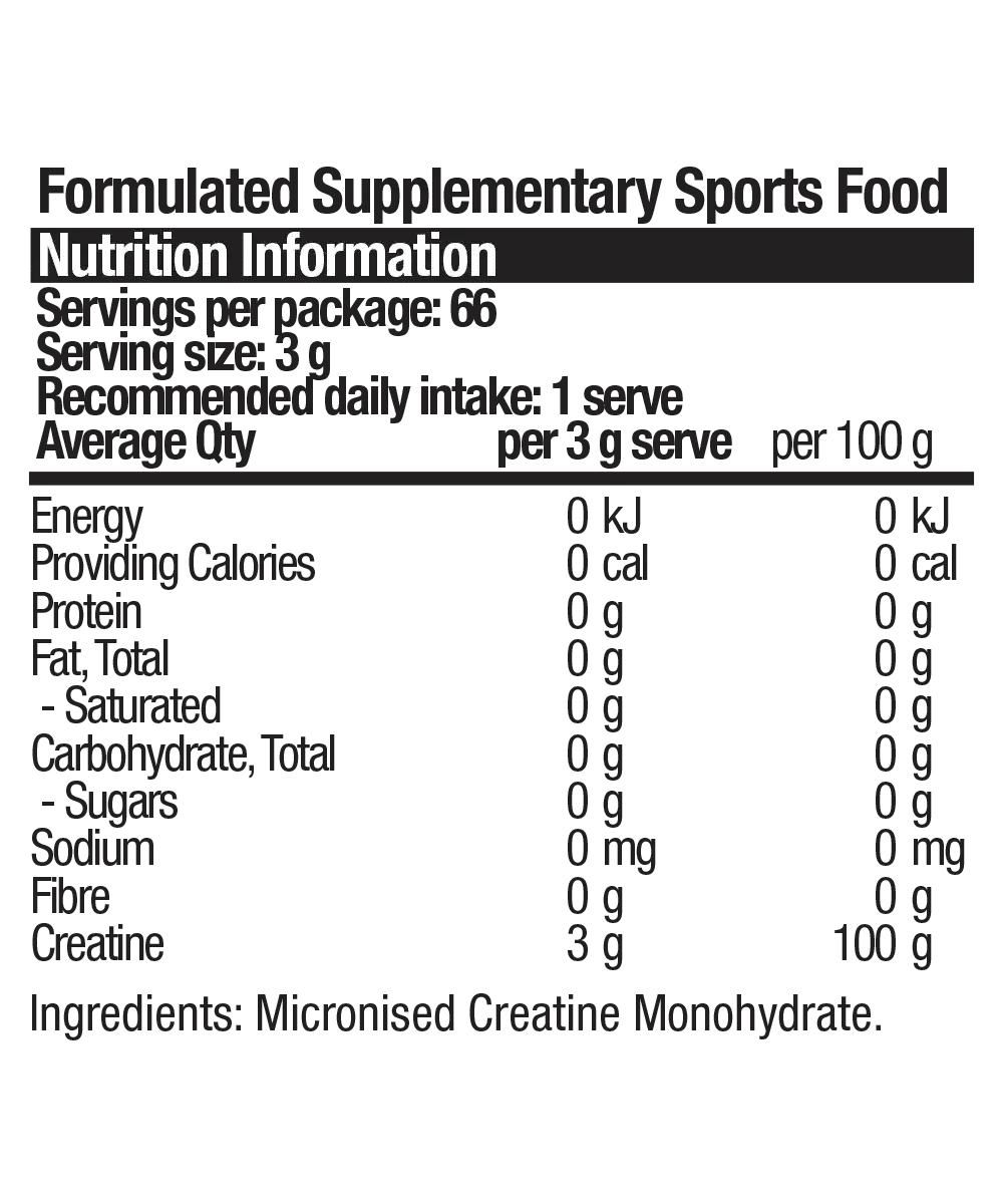 Nutrition information label for Pure Creatine - 200g by BSc Supplements, listing zero calories and creatine content.