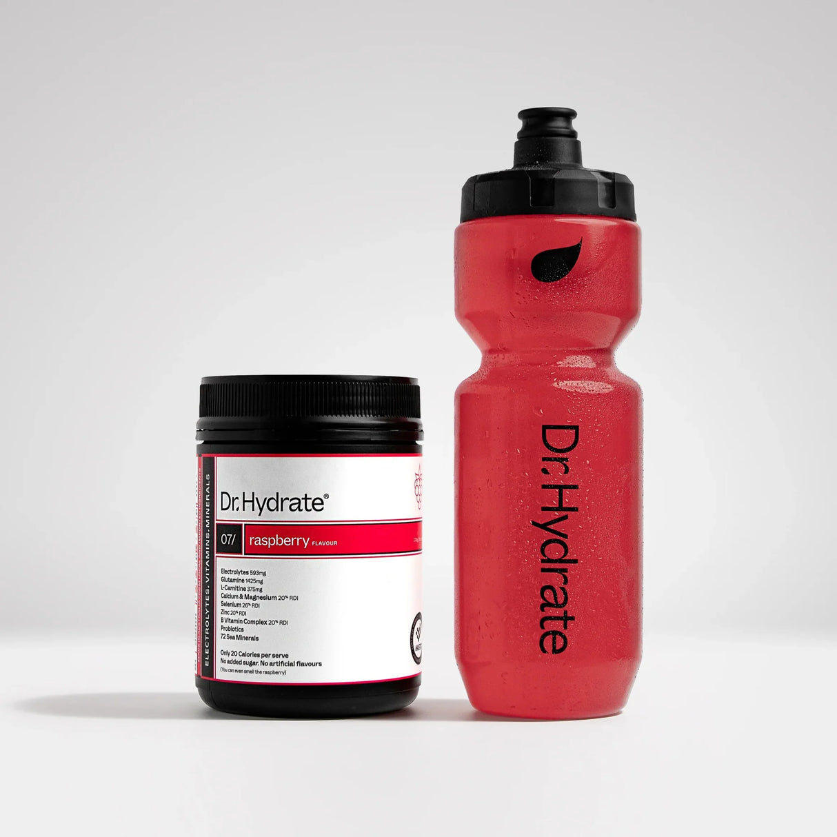 Raspberry Jar - 30 Serves by Dr. Hydrate next to a red Dr. Hydrate water bottle for electrolyte drinks and hydration.