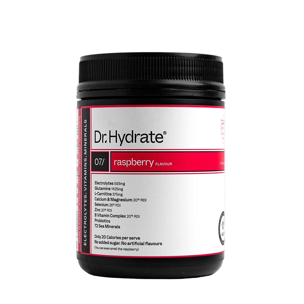 Raspberry Jar - 30 Serves by Dr. Hydrate, electrolyte powder with vitamins, minerals, and probiotics for hydration support.