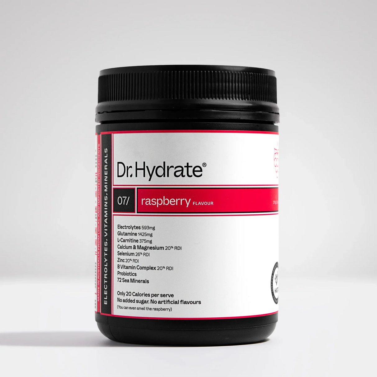 Raspberry Jar - 30 Serves by Dr. Hydrate, electrolyte drink mix with vitamins and minerals for hydration support.