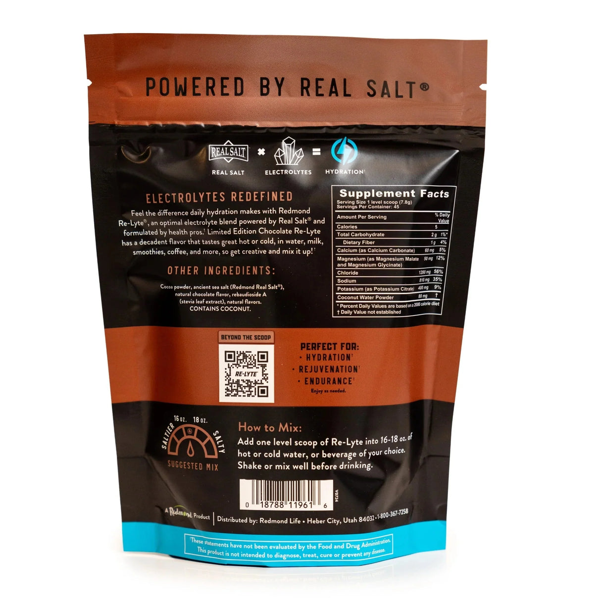 Re-Lyte Electrolyte Mix - Chocolate - Pouch - 45 Serves - Limited Edition showing nutritional info and mixing instructions on back packaging