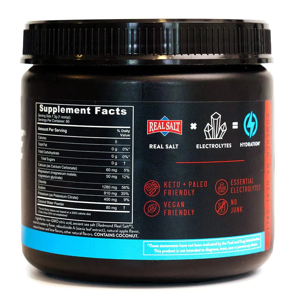 Re-Lyte Electrolyte Mix - Cran Apple - Tub - 60 Serves - Limited Edition showing supplement facts and hydration benefits label