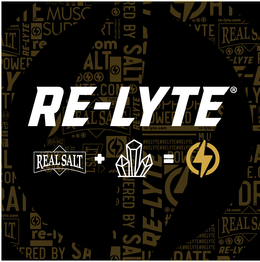 Re-Lyte Electrolyte Mix - Cran Apple - Tub - 60 Serves - Limited Edition branding with Real Salt and crystal symbols on black background