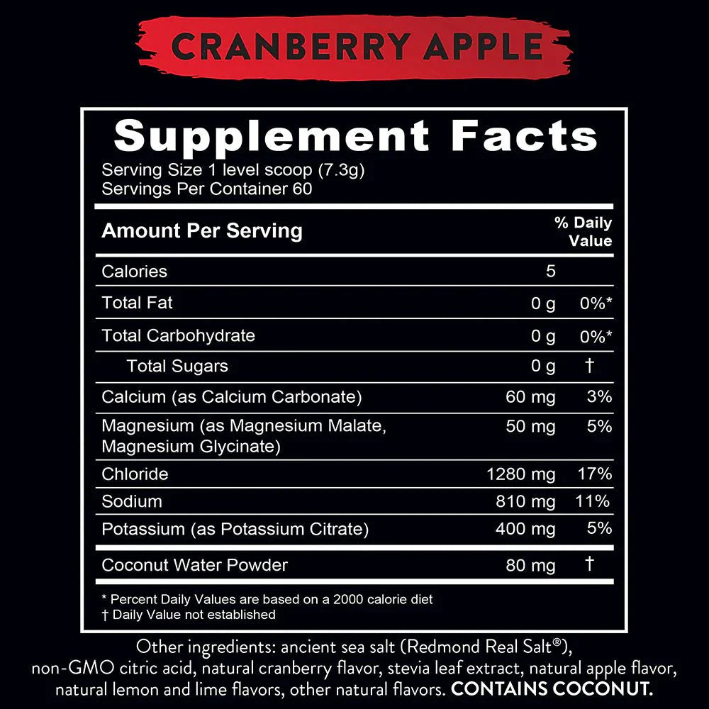 Supplement facts for Re-Lyte Electrolyte Mix - Cran Apple - Tub - 60 Serves - Limited Edition showing nutrient amounts per serving.