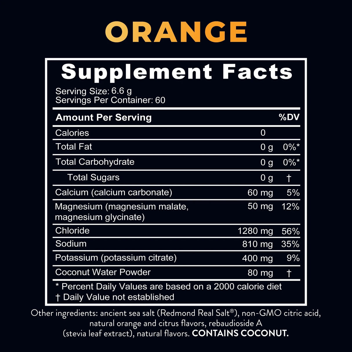 Nutrition panel for Re-Lyte Electrolyte Mix - Orange - Tub - 60 Serves - Limited Edition detailing minerals and ingredients.