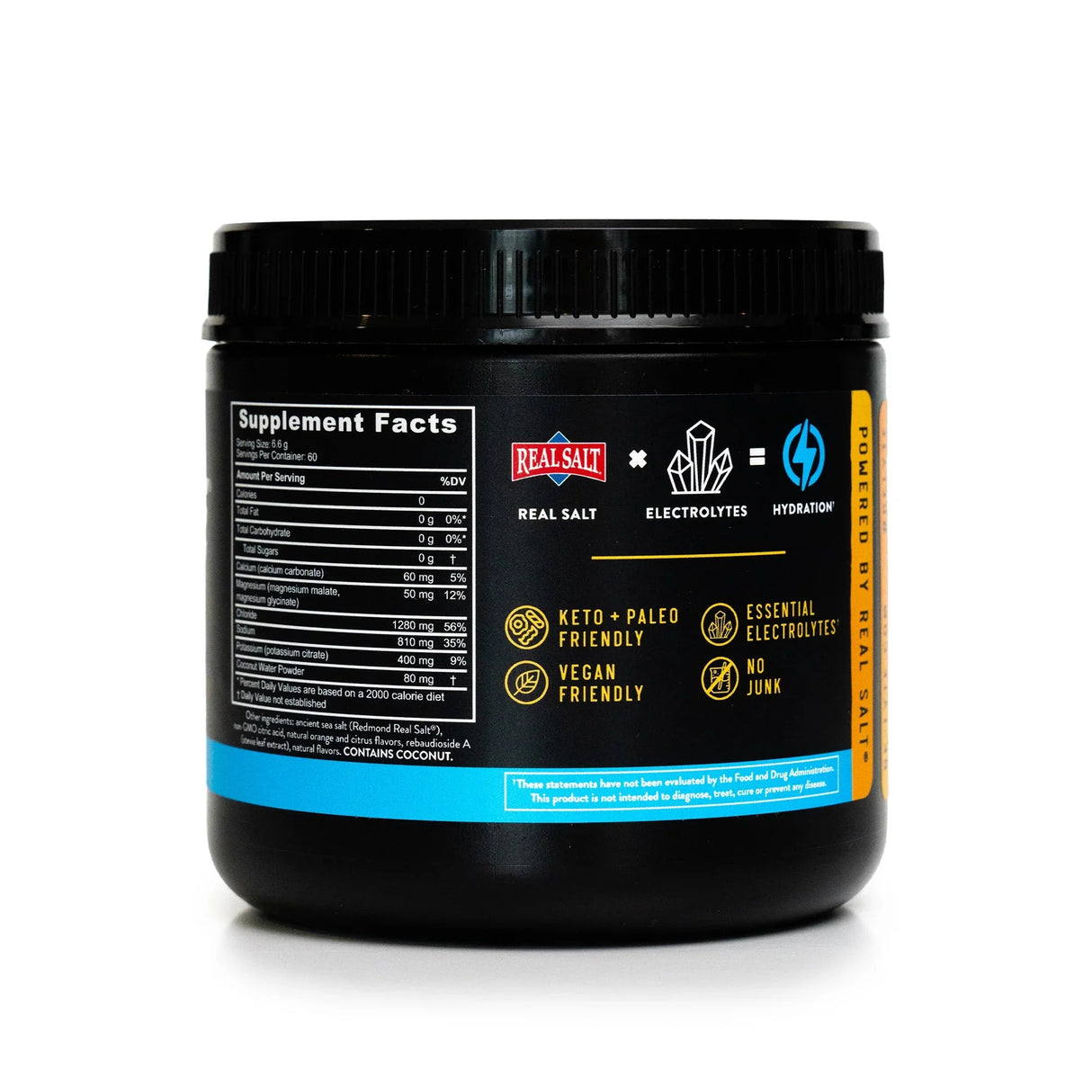Re-Lyte Electrolyte Mix - Orange - Tub - 60 Serves - Limited Edition showing supplement facts and product benefits on black container