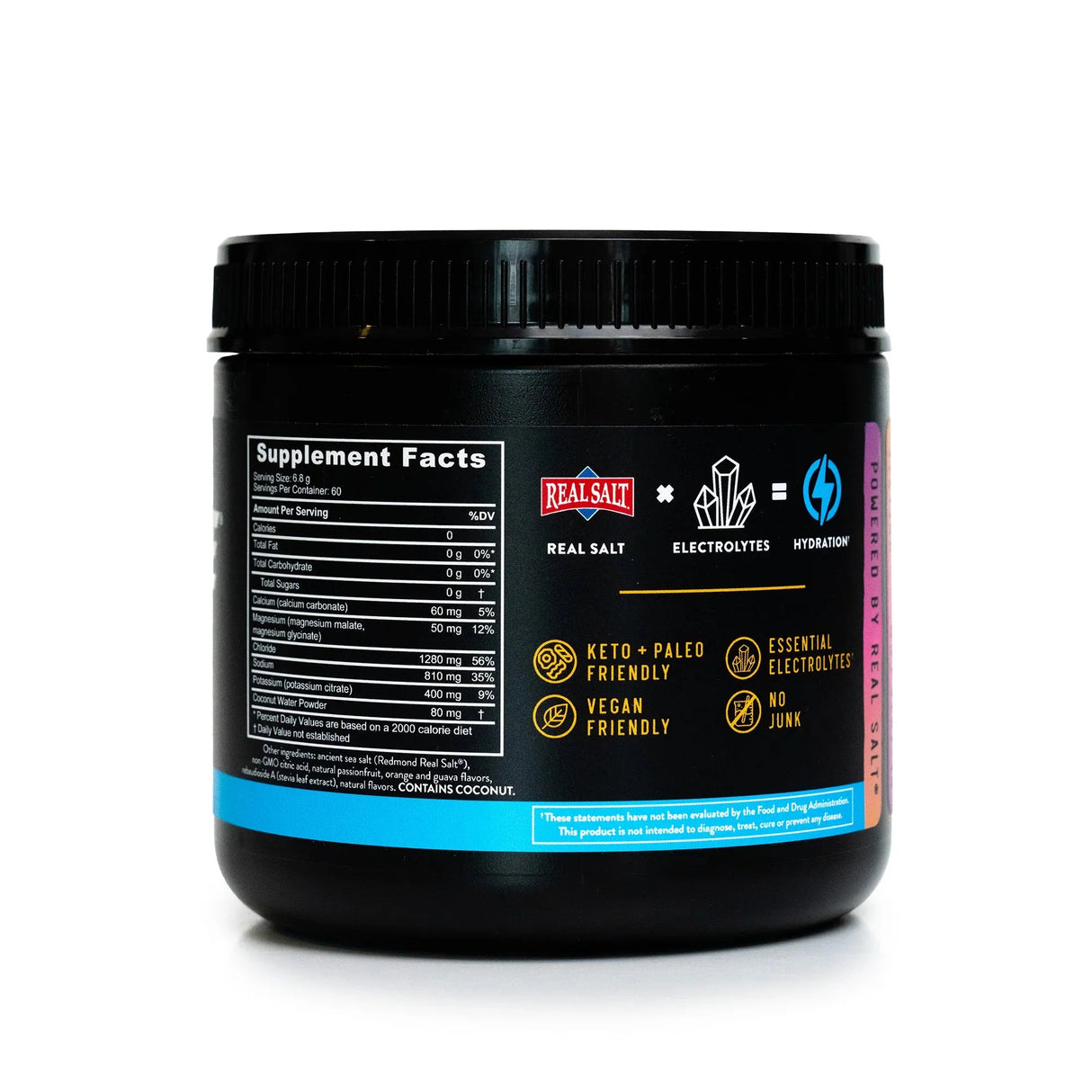 Re-Lyte Electrolyte Mix - Passionfruit Orange Guava - Tub - 60 Serves - Limited Edition showing supplement facts and benefits label