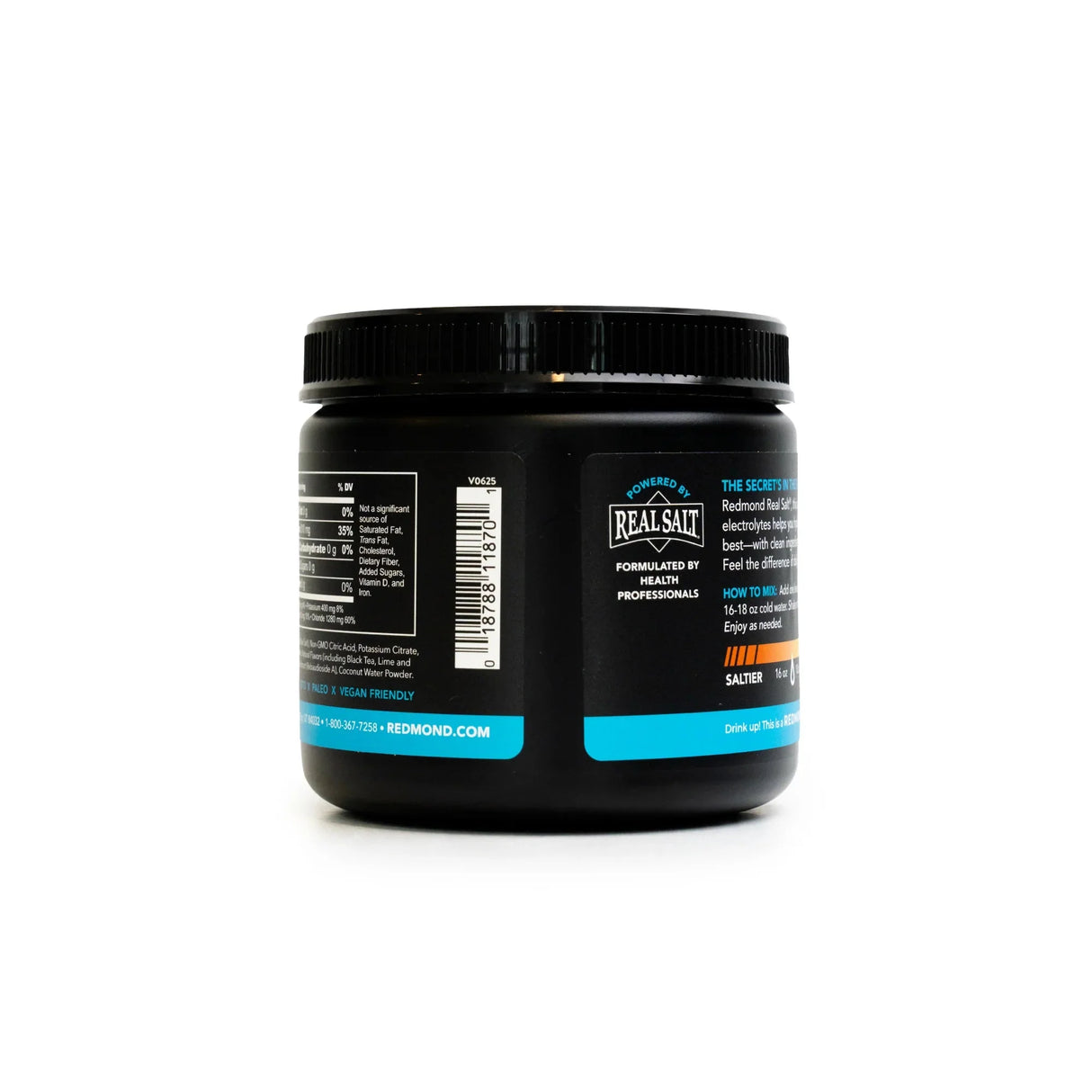 Black tub of Re-Lyte Electrolyte Mix - Salty Palmer - Tub - 60 Serves - Limited Edition showing side labels with nutrition and usage info