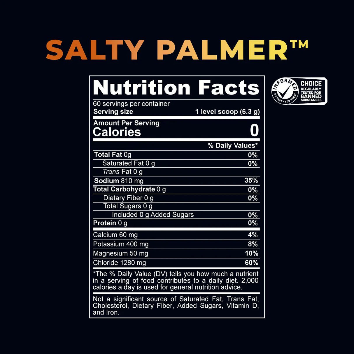 Nutrition facts label for Re-Lyte Electrolyte Mix - Salty Palmer - Tub - 60 Serves - Limited Edition with detailed mineral content and zero calories.