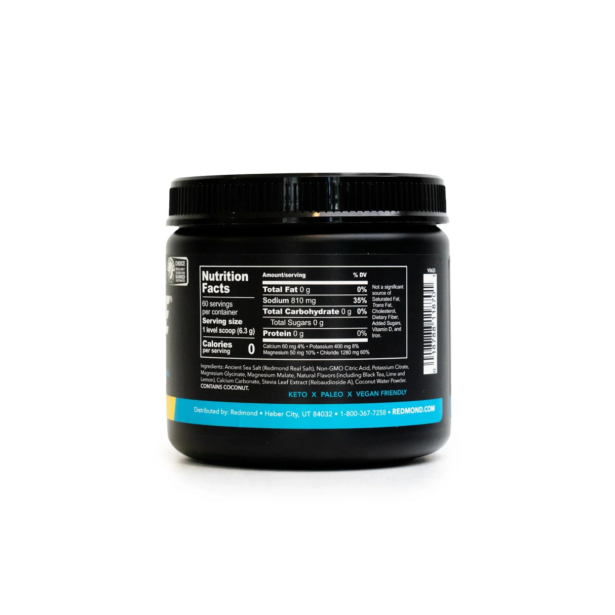 Back label of Re-Lyte Electrolyte Mix - Salty Palmer - Tub - 60 Serves - Limited Edition with nutrition facts and ingredients list visible.