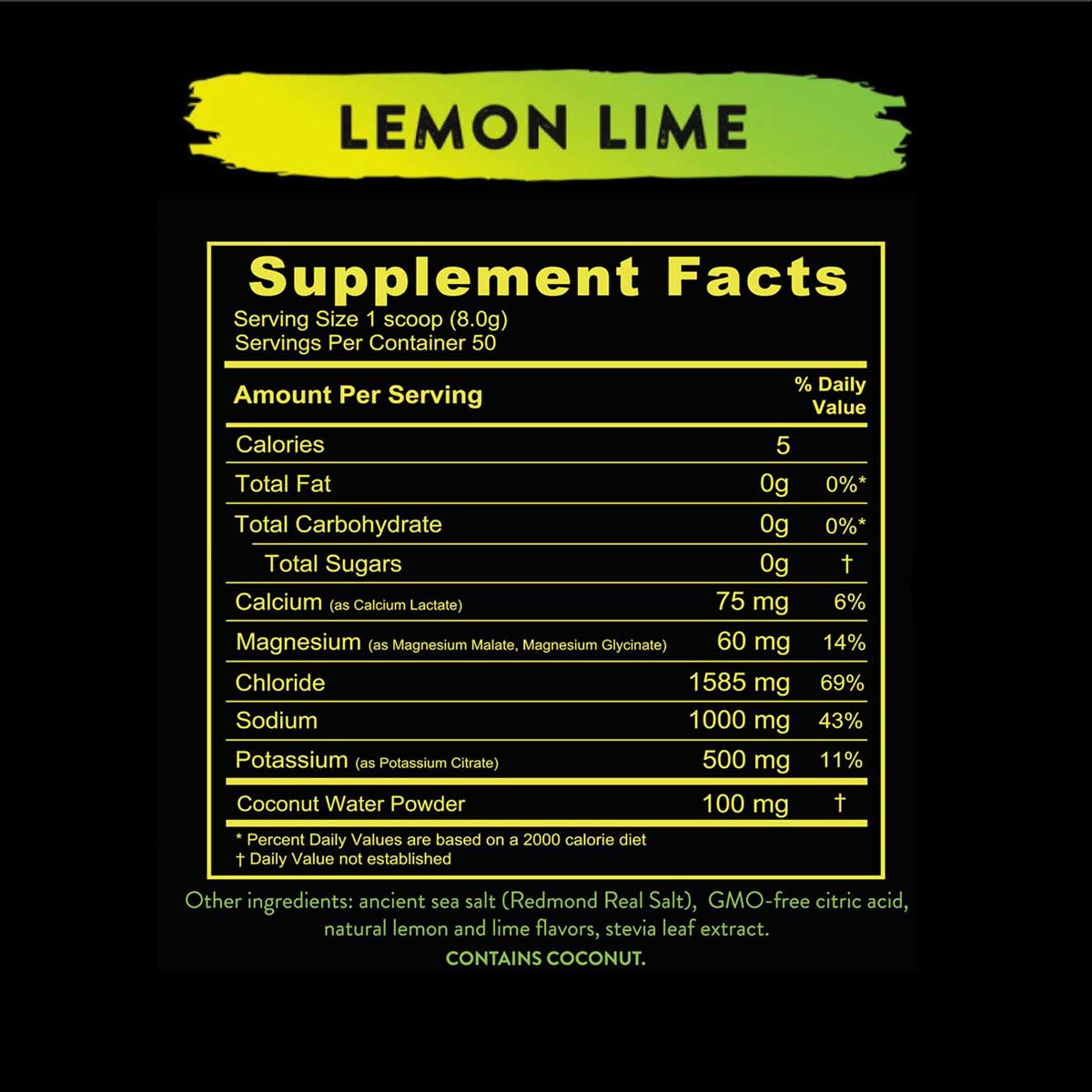 Supplement facts label for Re-Lyte® Hydration Variety Pack (7 ct.) Lemon Lime flavor with key electrolytes and coconut water powder.