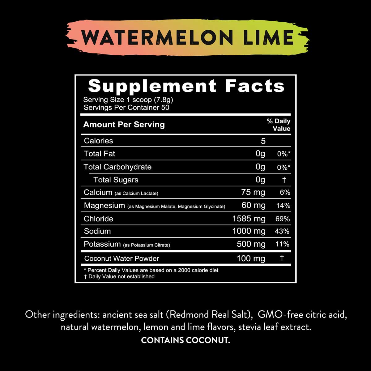 Supplement facts panel for Re-Lyte® Hydration Variety Pack (7 ct.) Watermelon Lime flavor with minerals and coconut water powder.