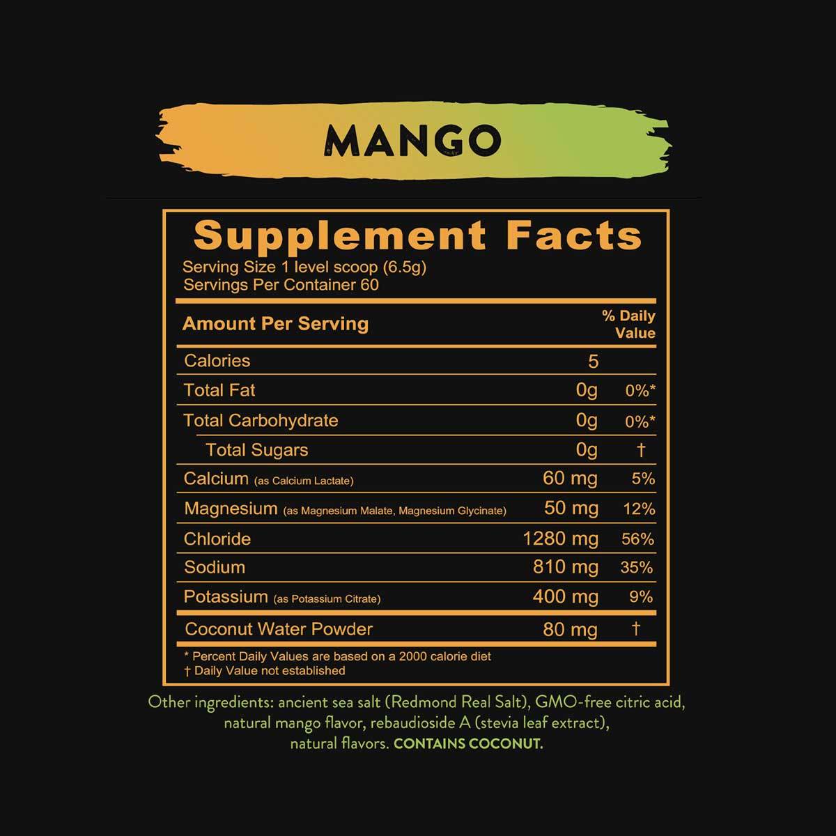 Supplement facts for Mango flavour in Re-Lyte® Hydration Variety Pack (7 ct.) with electrolytes and coconut water powder.