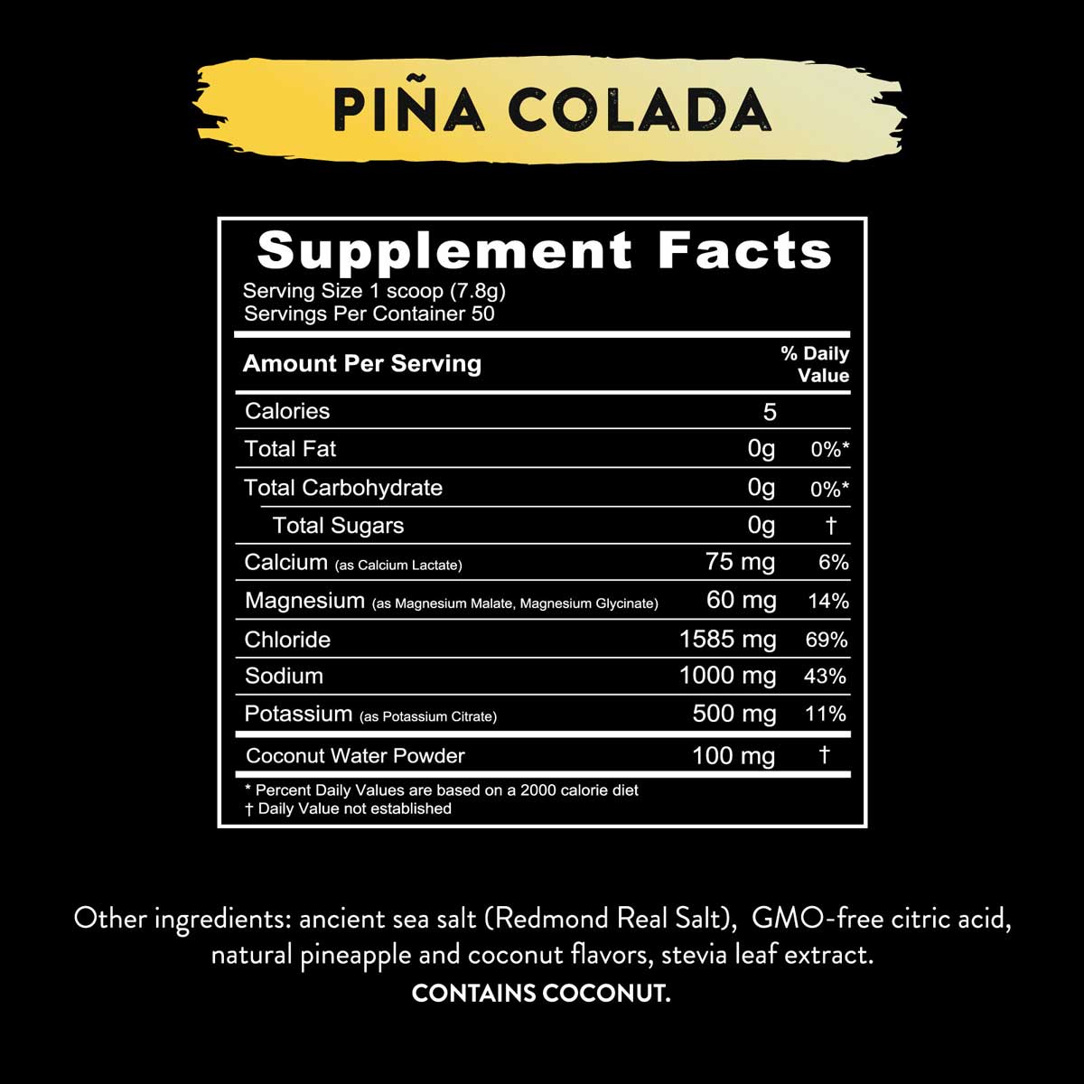 Supplement facts for Piña Colada flavor in Re-Lyte® Hydration Variety Pack (7 ct.) showing electrolytes and ingredients.
