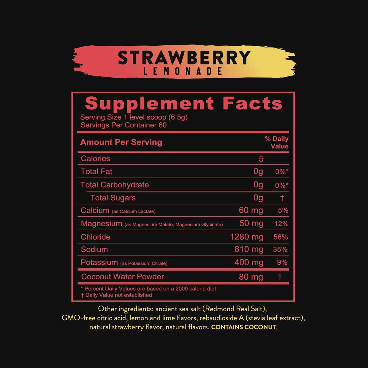 Nutrition facts panel for Strawberry Lemonade flavour from Re-Lyte® Hydration Variety Pack (7 ct.) with electrolyte and ingredient details.