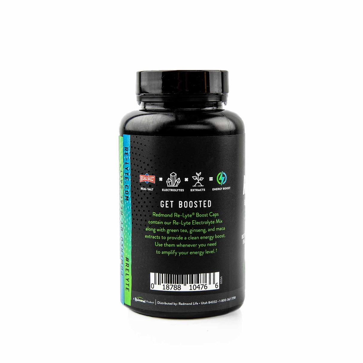 Bottle of Re-Lyte Energy Boost Caps - 120 Capsules showing label with ingredients and energy boost claims on white background